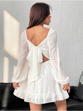 SHEIN White Open-Back Bow Tie Long Sleeve Mini Dress
